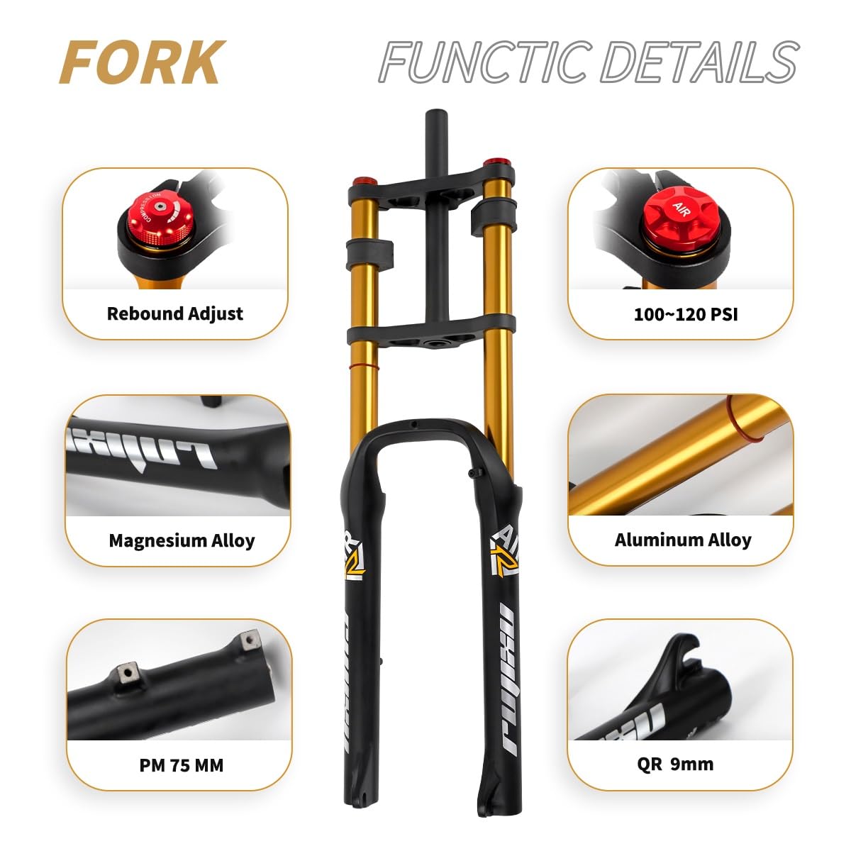 Forcella Bici Elettrica Fat Bike 26 Pollici 4.0 Pneumatici Freno A Disco 130mm Corsa Mountain Bike Forcella Ammortizzata 9 * 135mm QR Forcella Bicicletta 1-1/8"