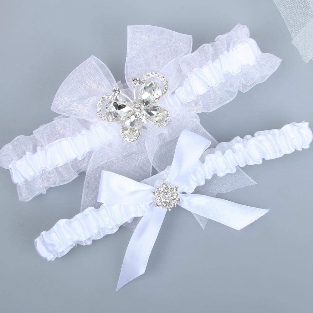 Giarrettiera Elasticizzata con Fiocco in Pizzo, Gamba da Sposa Elasticizzata con Nodo di Diamanti in Vetro con Reggicalze-Bianco 5 Pezzi_L, Giarrettiera Elasticizzata con Fiocco in Pizzo (Bianco 5