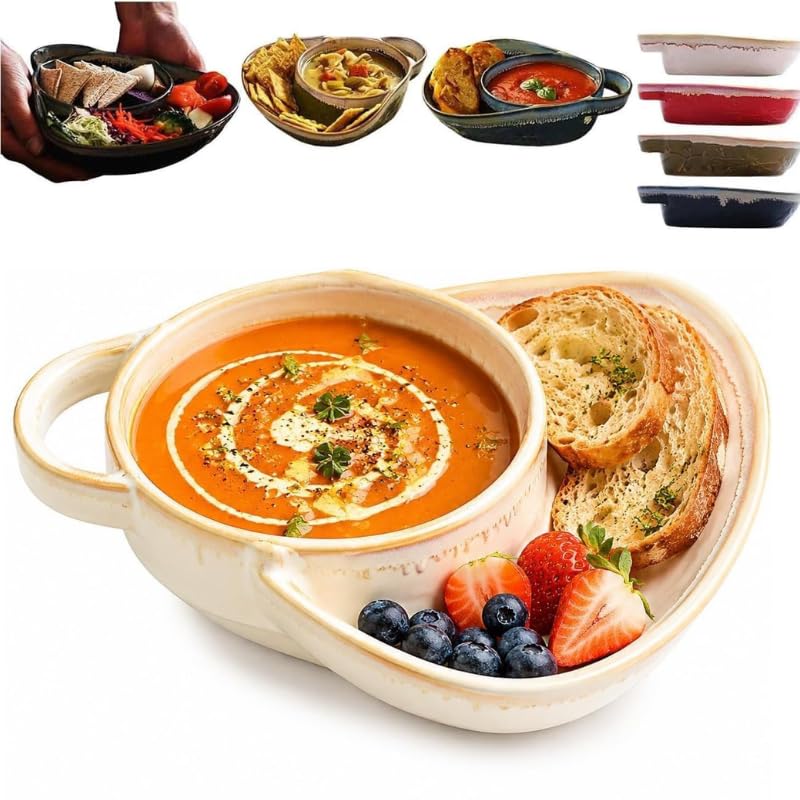 Soup and Sandwich Bowl, Ceramic Plate Combo with Bread Holder, Beige