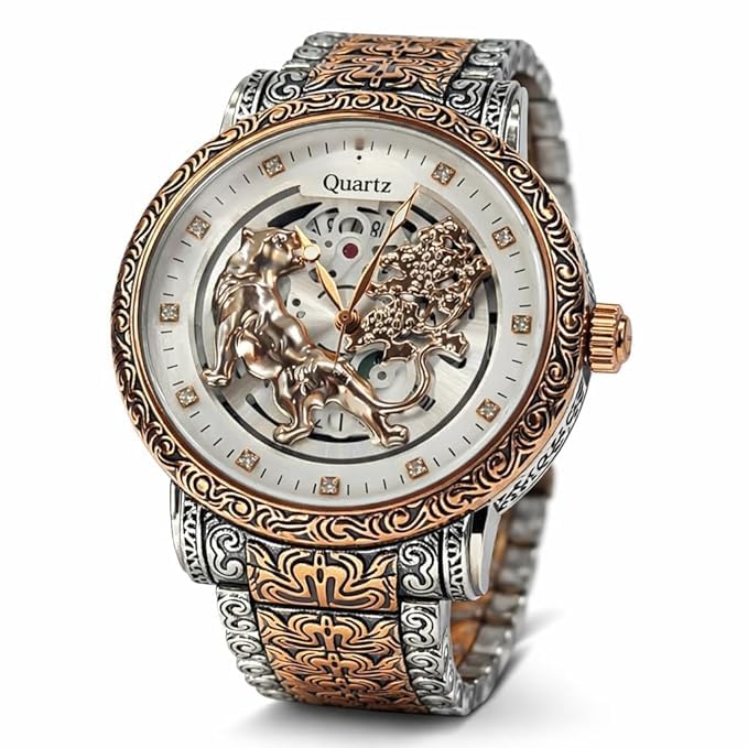 Image of Luxury Gold-Tone Tiger Skeleton Dial Watch, Vintage Carved Pattern Band, Quartz Movement(Copper, Silver)