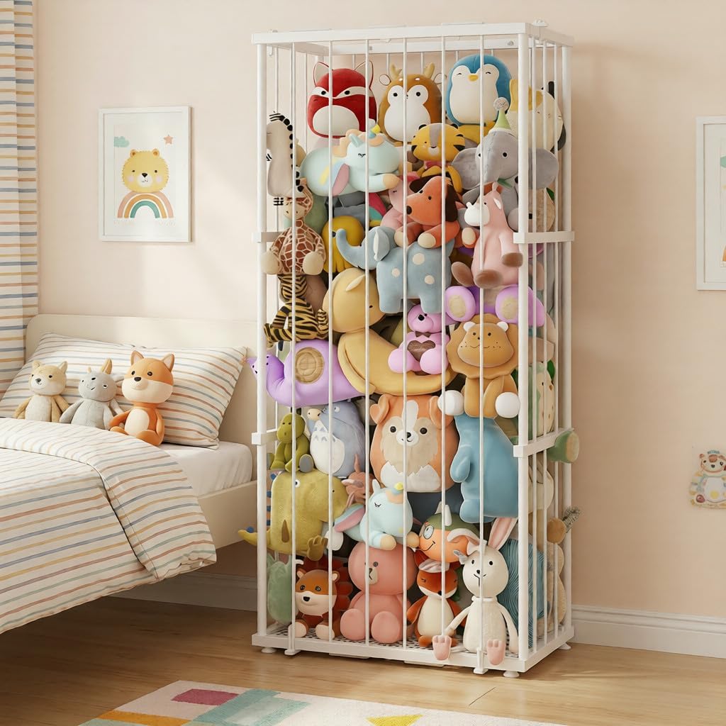 Large Metal Stuffed Animal Storage Zoo, Metal Stuffed Animal Holder Organizer with Elastic Cord, Space-Saving Toy Storage for Nursery, Playroom & Bedroom, White