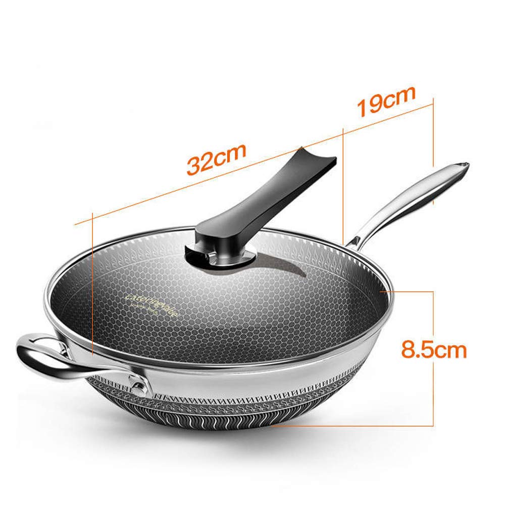 Gdrasuya10 Frying Wok Pan with Lid, Stainless Steel Non Stick Double Sided Honeycomb Cooking Frying Pan for GasStove