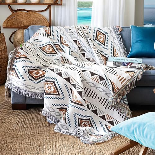 Lqprom Boho Throw Blankets Knit Bed Blankets with Tassel Aztec