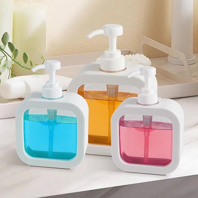 WUYOR 3 Pack Soap Dispenser 300/500ML Refillable Hand Soap Dish Detergent Shampoo Lotion Bottle with Pump Head and Label for Bathroom Kitchen Laundry Room
