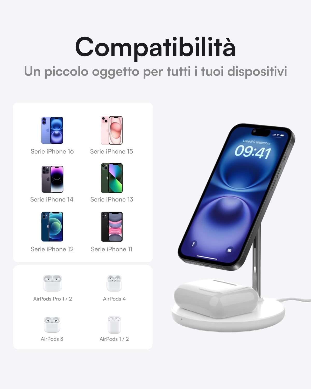 Volta Caricatore Magnetico 2 in 1, Stand per iPhone e AirPods, Caricatore Wireless Magnetico Compatibile con iPhone 16/15/14/13/12 Serie, AirPods Pro