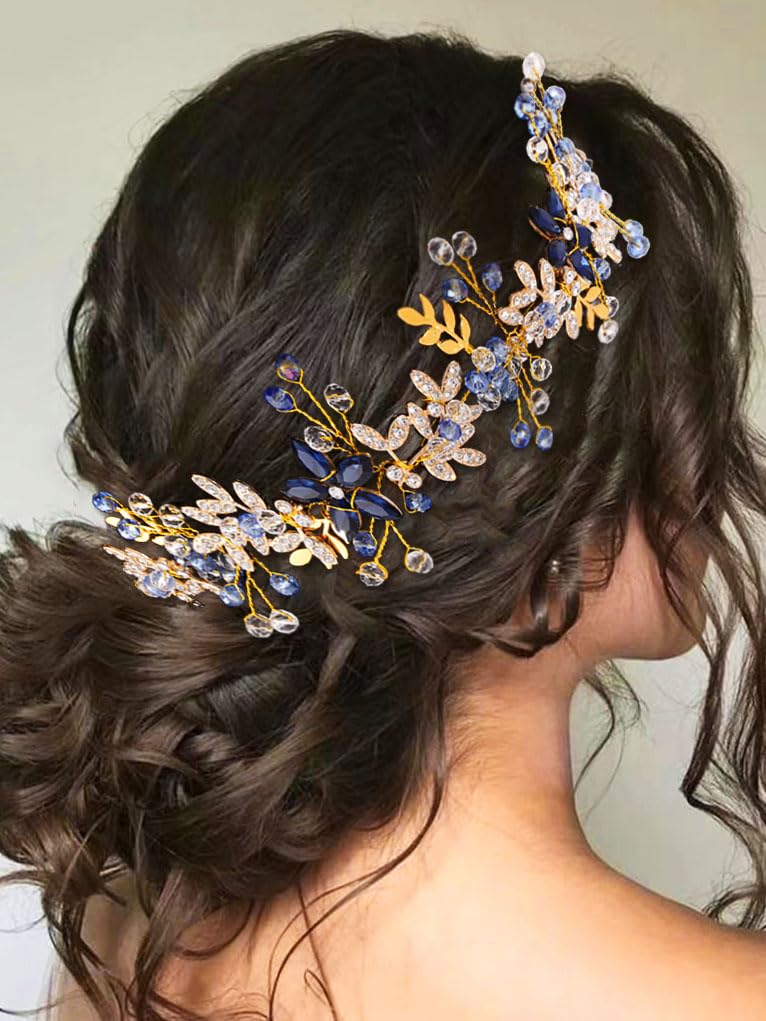 IYOU Bridal Wedding Hair Vine Gold Leaf Headpiece Flower Guest Bride Hair Accessories for Women, Blue