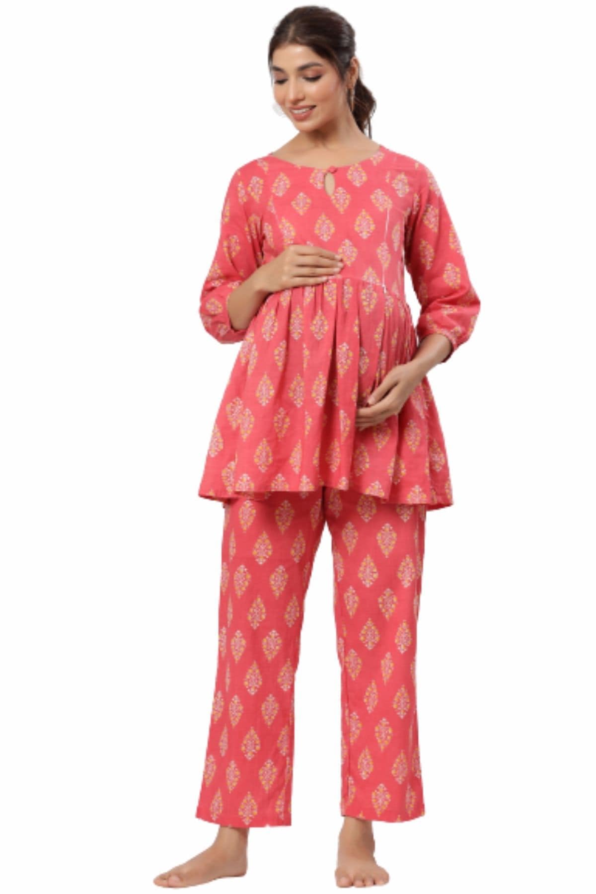 ikk kudi by seerat Jaipuri Floral 100% Cotton Maternity Nursing and Feeding Night Suit/Kurta Pant | Nursing Zippers | Pre and Post Pregnancy | Color - Pink-picture-14