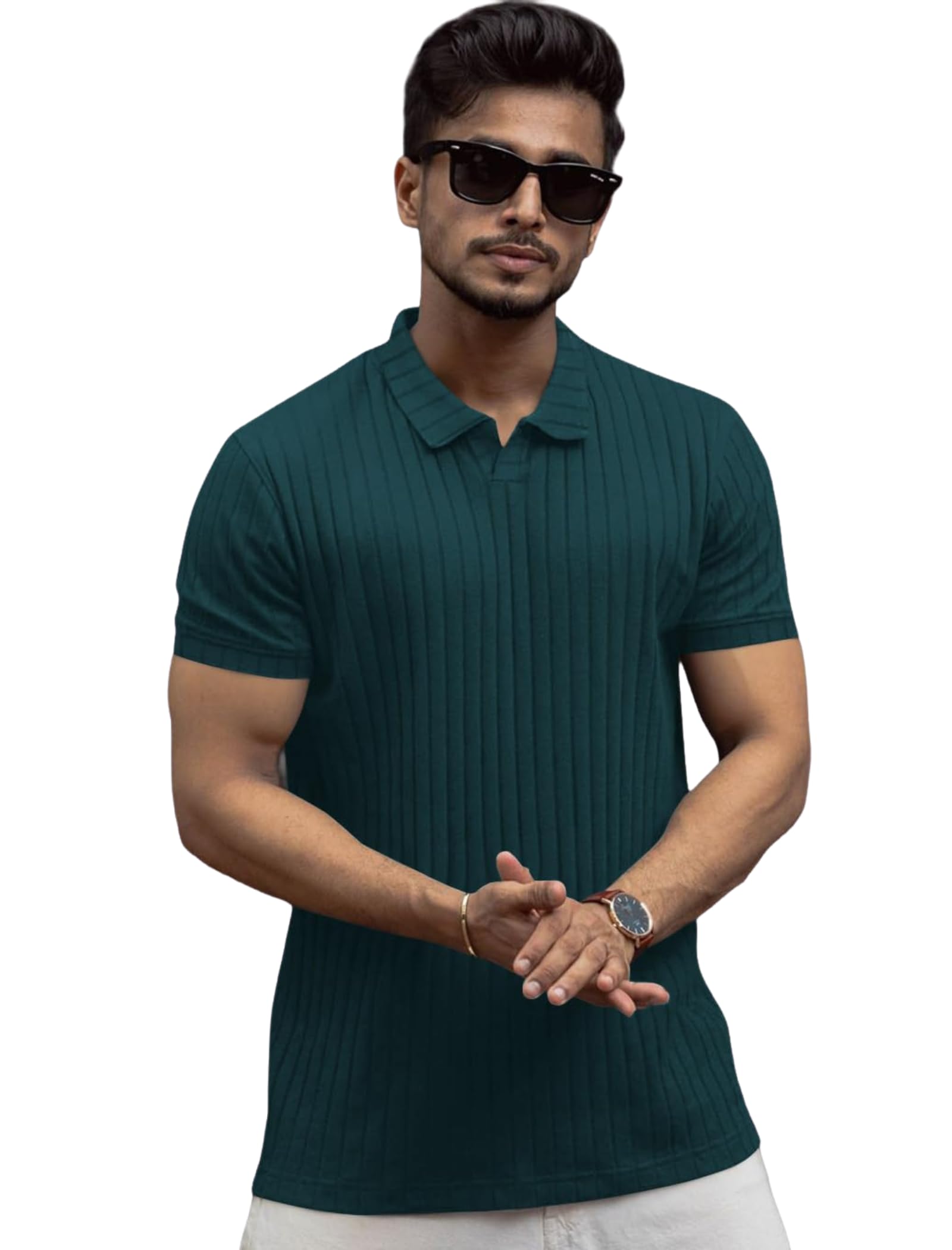 DressBerry Menâ€™s Ribbed Knit Polo Shirt, Short Sleeve Collared Neck Solid Pattern, Regular Fit Casual Summer Top Lightweight Breathable Everyday Wear in neutral