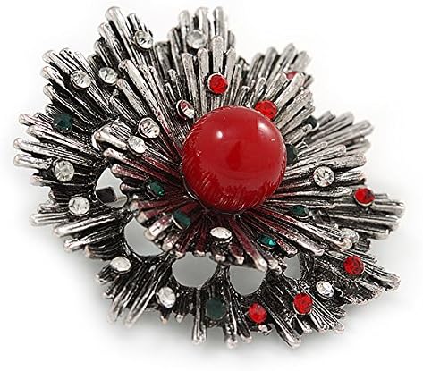 Vintage Inspired Red/Green/Clear Crystal Christmas Snowflake Brooch In Aged Silver Tone Metal - 45mm D, grey, white / ivory, red, green - Image 4
