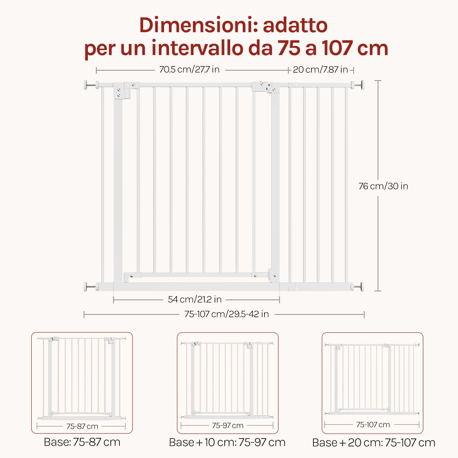 WOLTU Cancelletto per Bambini in Metallo, Cancello per Scale e Porte con Apertura 75-107cm, Cancelletto per Cani Apribile in 2 Direzioni, Chiusura Doppia, Montaggio con/senza Foratura, Bianco
