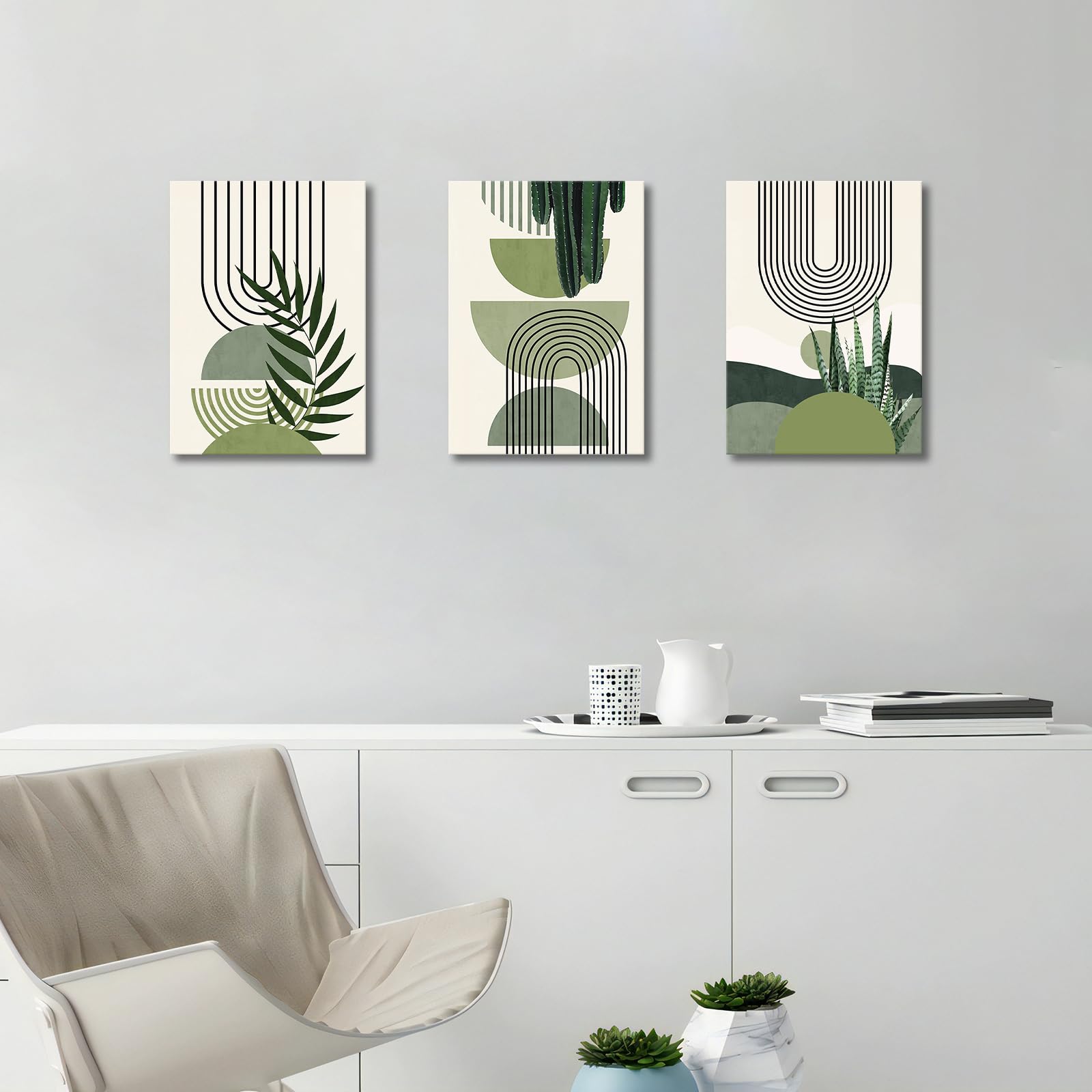 3 Pcs Wooden Framed Canvas Wall Art Set Bohemian Sage Green Canvas Prints Poster Geometric Line Beige Green Pictures for Living Room Bedroom Dinning Room Hallway Stairs Wall Decor 30x40cm x3pcs — view 424