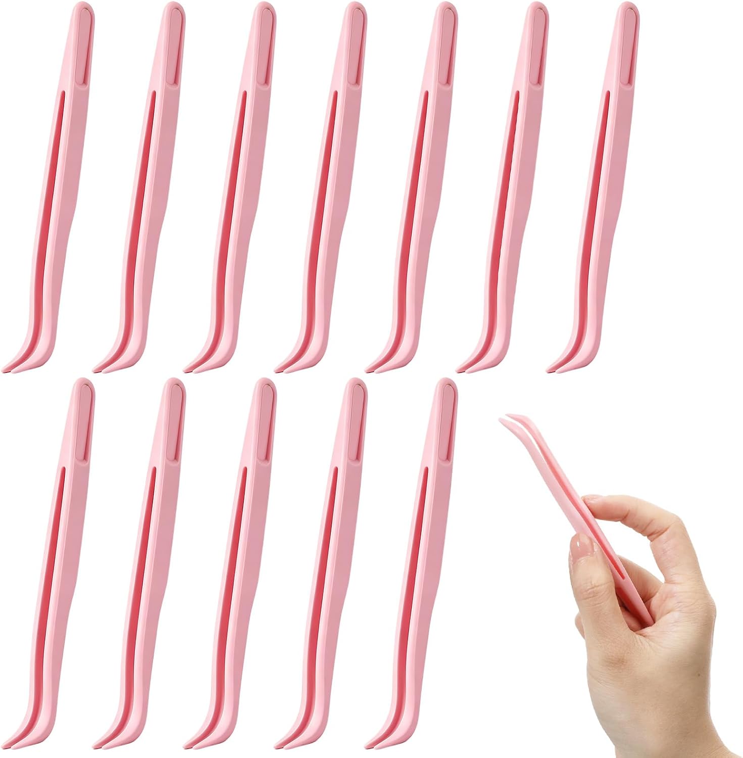 12 Pcs Plastic Tweezers, 4.5 Inch Bent Pink Tweezer Sticker Tweezer, Bedazzling Craft Tweezers For Diy Jewelry Making, Crafts, Baking Decoration