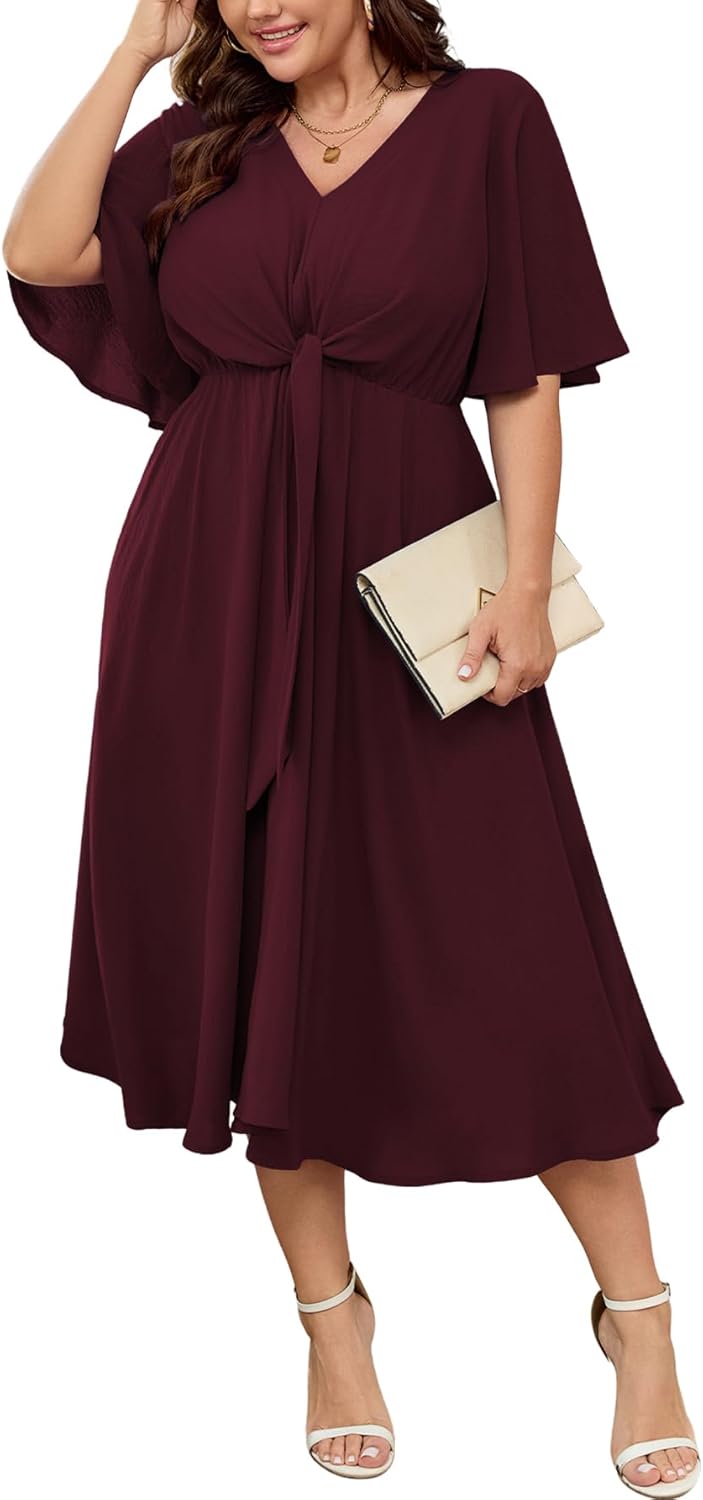 SCOMCHIC Women Plus Size Midi Dresses Wedding Guest Short Sleeve V Neck Tie Waist Casual Summer Flowy A Line Dress