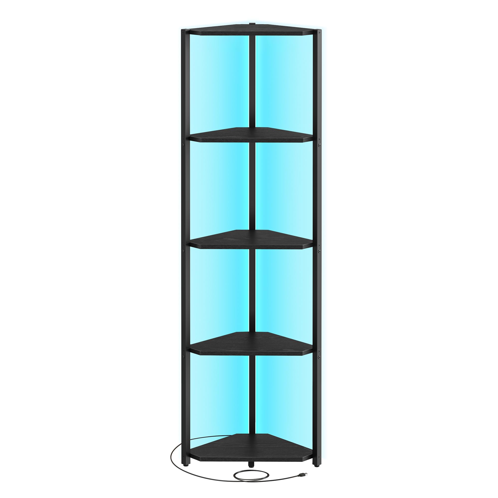 VASAGLE Étagère d'angle à 5 Niveaux, Bibliothèque avec Éclairage LED Réglable, Meuble de Rangement avec Cadre en Acier, 24,8 x 48 x 146,6 cm, pour Salon, Chambre, Bureau, Noir Boisé LBC590B02