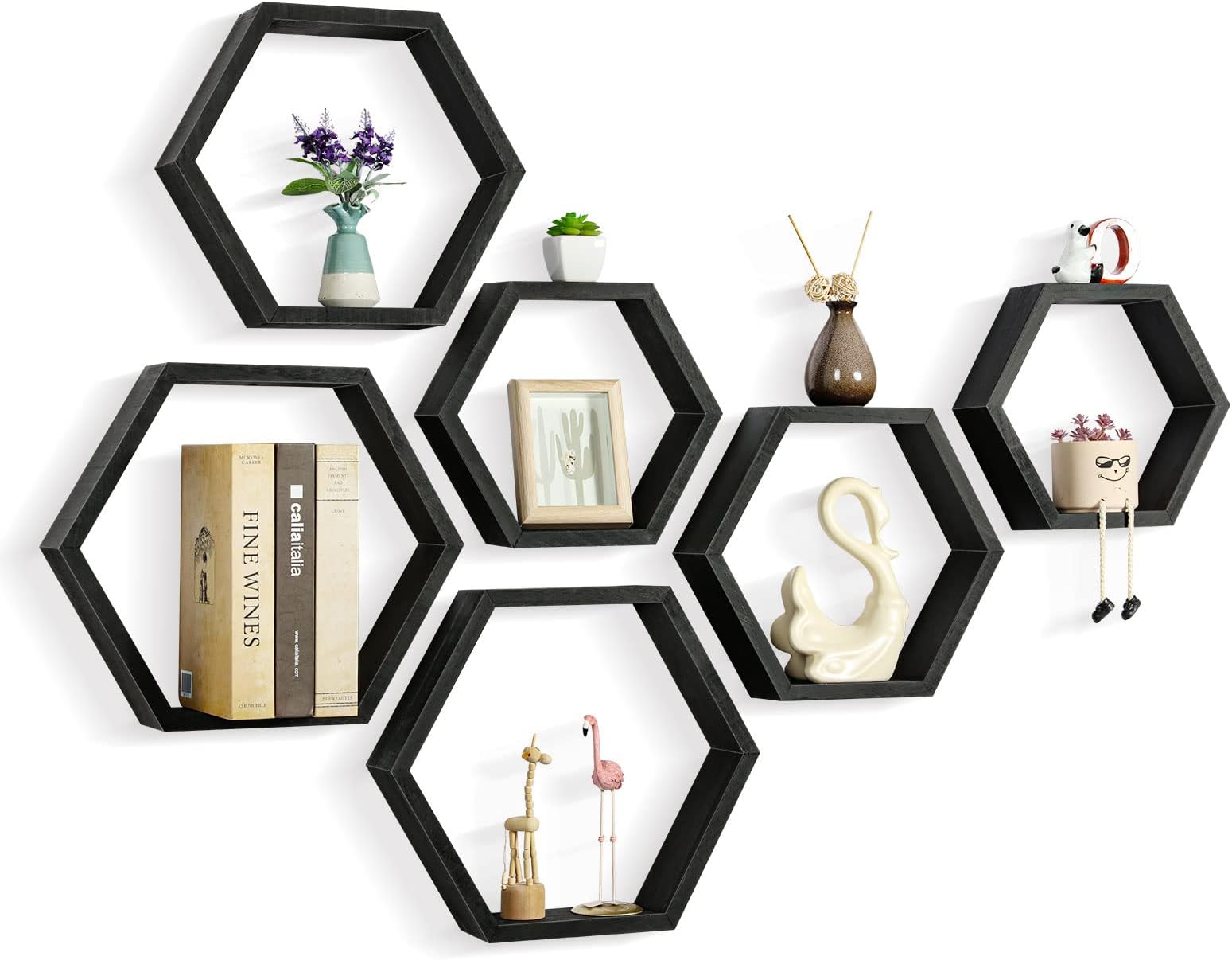 CADUKE Hexagonal Floating Shelves Set of 6 Hexagon Sheves Wall Wood Storage Honeycomb Shelf Farmhouse Wall Decor Shelves for Bedroom Living Room
