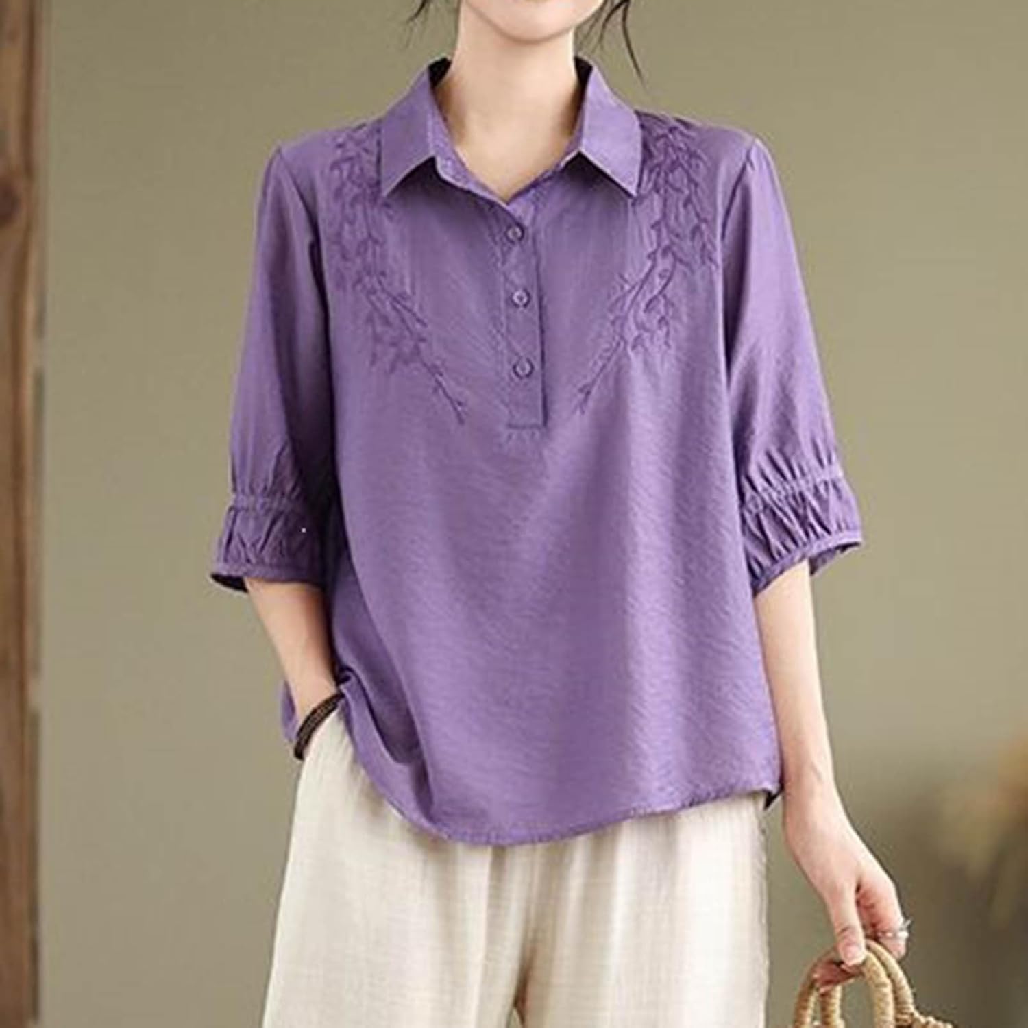 Women's Shirt Short Sleeve Cotton Linen Vacation Loose | Linen Shirt for Women Summer Short Sleeve Cotton Linen Tops Vacation Loose Casual V Neck Gauze Blouses