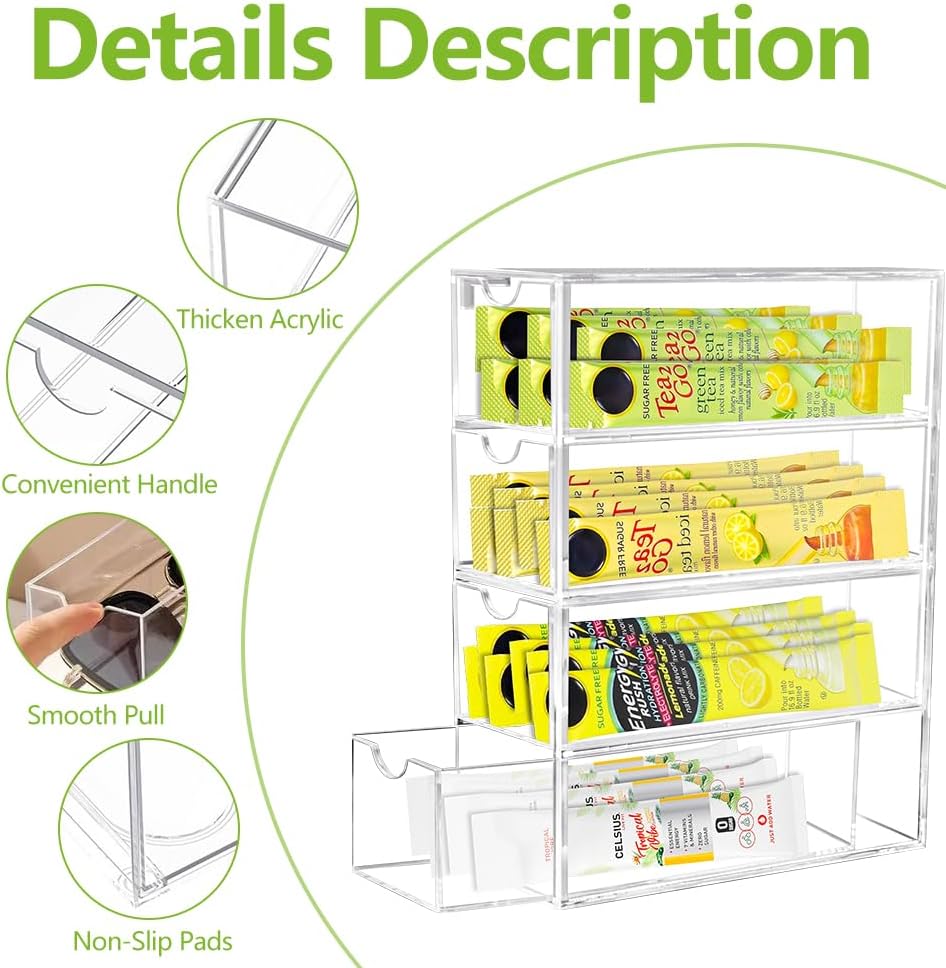 2 Pack Drink Packet Organizer, Acrylic Drink Mix Holder with 4 Clear Drawers Water Flavor Packets Container for Kitchen Pantry Home Organization (2 Pack)