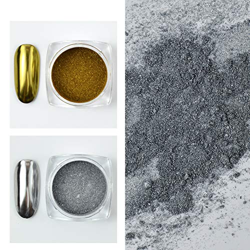 Metallic Chrome Powder, 2 Jars Nail Art Mirror Glitter Effect Chrome Pigment Powder Dust Gold Silver Chrome Nail Powder Manicure Tips With Sponge Applicators #TOP3