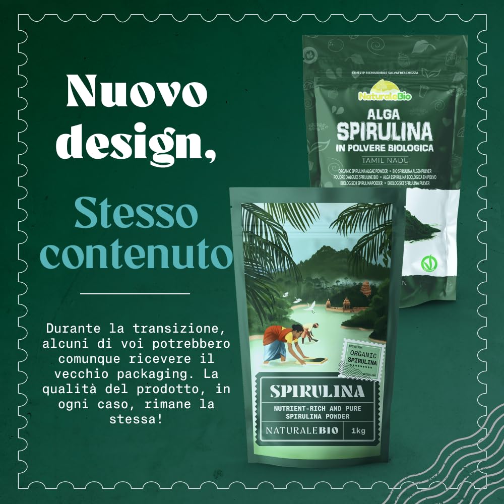 NaturaleBio Alga Spirulina Biologica in Polvere 200g. Bio, Naturale e Pura, Coltivata nelle regioni Tropicali dell'Asia. Ideale in Bevande, frullati o per Ricette. Adatta a Vegetariani e Vegani.
