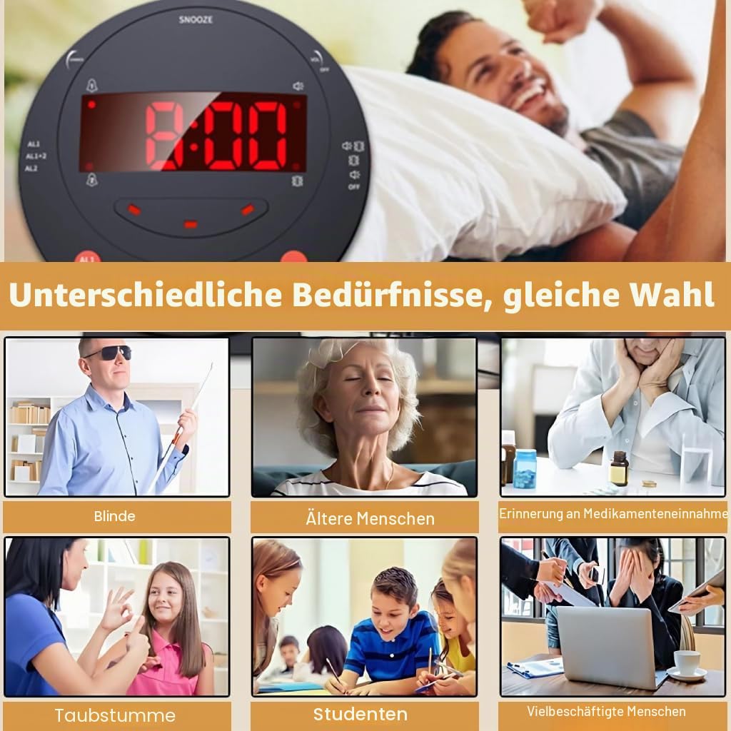 Vibrationswecker für Gehörlose, Tiefschläfer & Senioren, Batteriebetrieben Wecker mit 110 dB lautem Alarm, Vibrationsuhr, Bett-Shaker, Dimmer, Schreibtisch Schlafzimmer