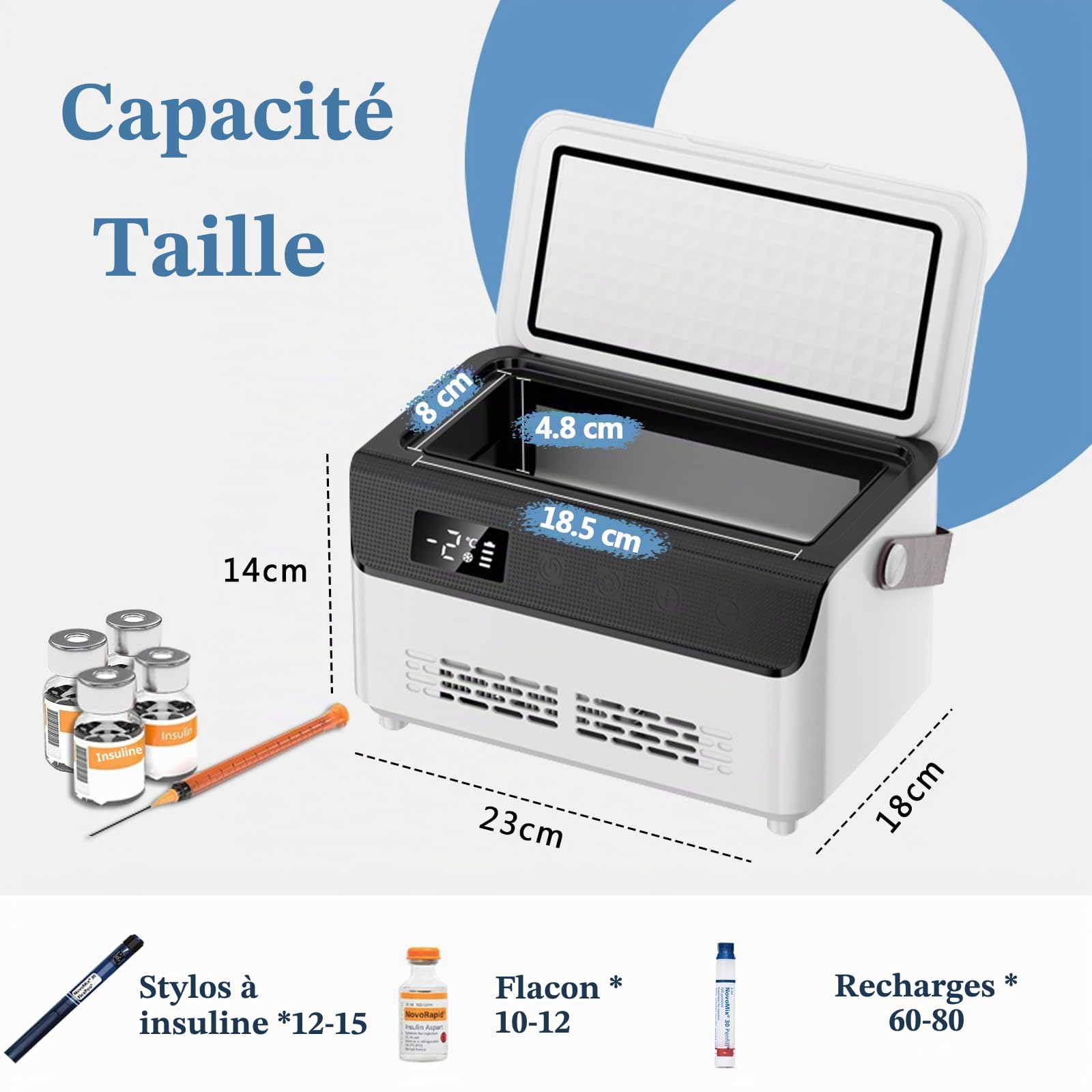 Glacière à insuline Mini réfrigérateur portable 0-8 °C Contrôle intelligent de la température Écran LCD Sac isotherme médical