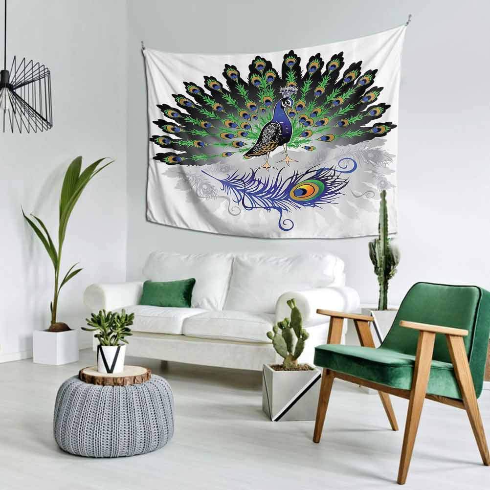 Peacock Decor Collection Wall Hanging Bedding Tapestry Small （60x40 Inch） Male Peacock with Open Tail Reflection Illustration Crowned Majestic Bird Tropics Image Easy to Hang Navy Green
