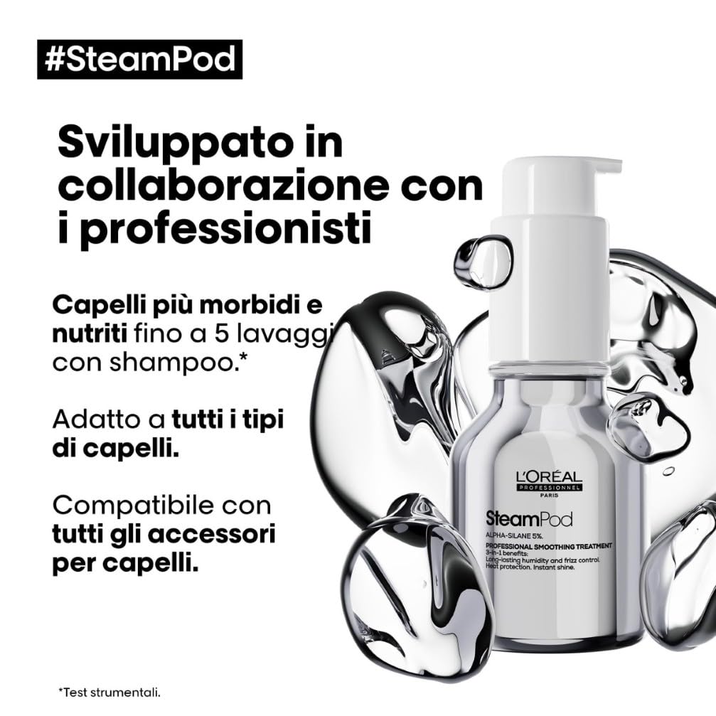 L'Oréal Professionnel Siero Termoprotettore, Adatto a Tutte Le Piastre, Per Tutti i Tipi di Capelli, Effetto Anti-crespo Fino a 72h, SteamPod, 50 ml