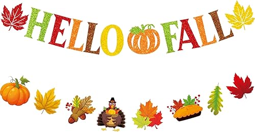 Decoraciones de fiesta de otoño, verde, rojo, naranja, marrón, amarillo, pancarta de calabaza de hoja de arce, pavo, trigo, guirnalda de banderines