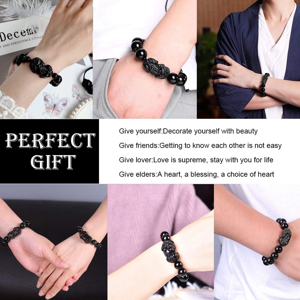 Miniatura 6 de LIYAPEI Pulsera de obsidiana negra, 0.472in Feng Shui de obsidiana negra para hombres y mujeres, ajustable, elástica, con cuentas de obsidiana