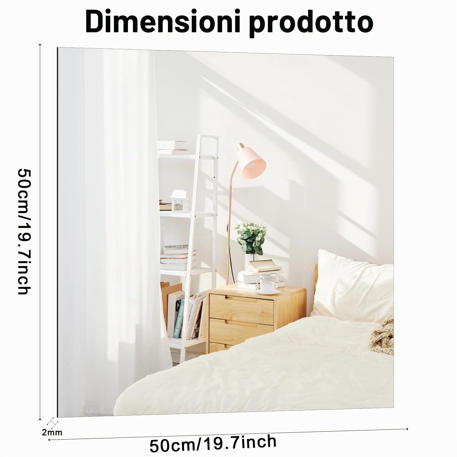 TSKDKIT Specchio autoadesivo grande da 50 cm, specchio da parete quadrato senza cornice, in vetro HD, per bagno, porte dell'armadio, soggiorno, corridoio (50 x 50 cm)