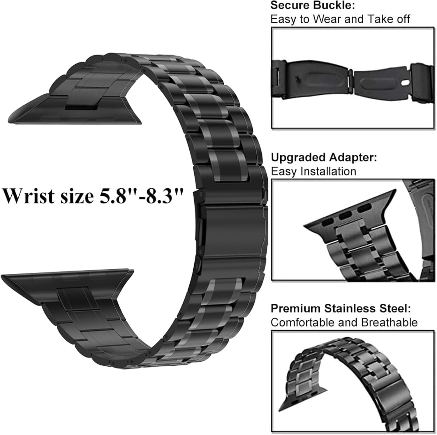 chuangshiji Compatible with Apple Watch Band 38mm 40mm 41mm Women Men, Metal for iWatch Band Series 9/8/7/6/5/4/3/2/1/SE (Black, 38mm/40mm/41mm) image 3