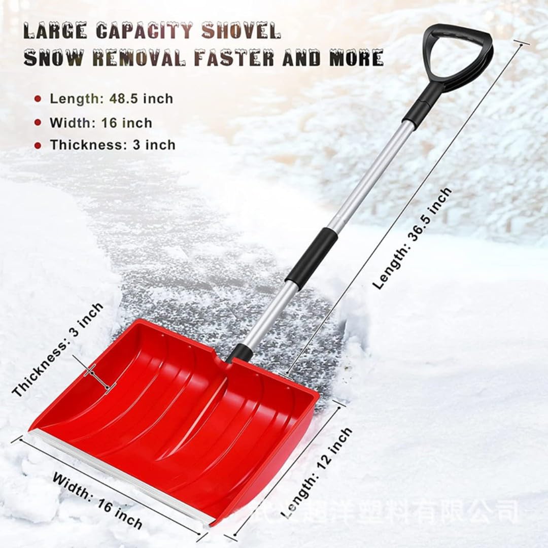 Łopata do śniegu, przenośna łopata do śniegu, 3 w 1, duża pojemność, 112 cm, z uchwytem w kształcie litery D, zdejmowane plastikowe łopaty do śniegu do samochodu, schodów, ścieżki, kempingu, czerwona