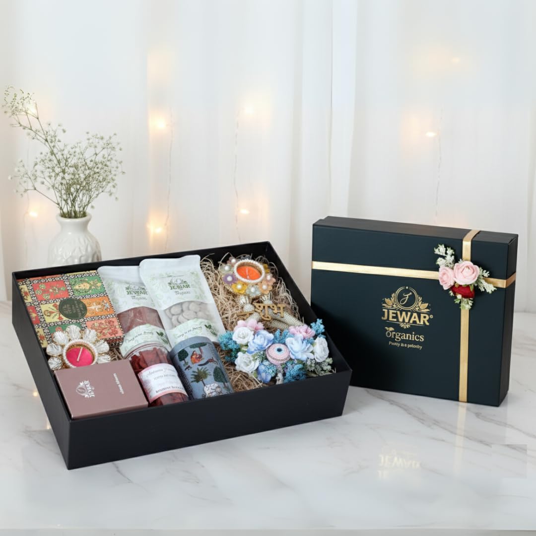 Jewar Organic Premium Festive Gift Hamper | A2 Cow Bilona Ghee, Healthy Ladoos, Dark Chocolate Almonds, Ragi Chips, Mango Candy, Hing Goli & Decorative Festive Essentials | Perfect Hamper for Family and Friends For Diwali-image-8