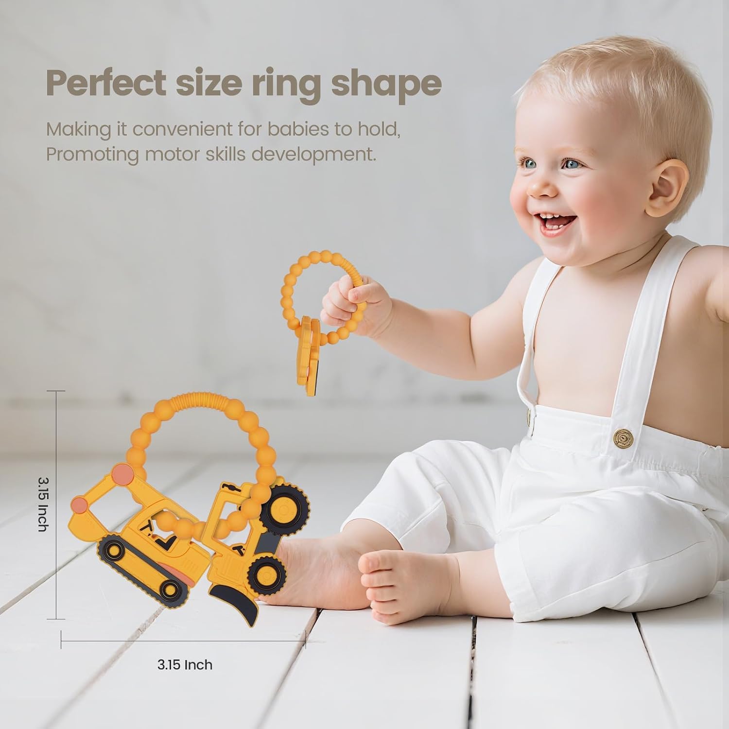 Silicone Baby Ring Toy with Excavator,Bulldozer Teethers,Must Haves Teething Relief Chew Toys for 0-6,6-12 Months Boys and Girls,Newborns Essentials,Safe and Soft,BPA Free.