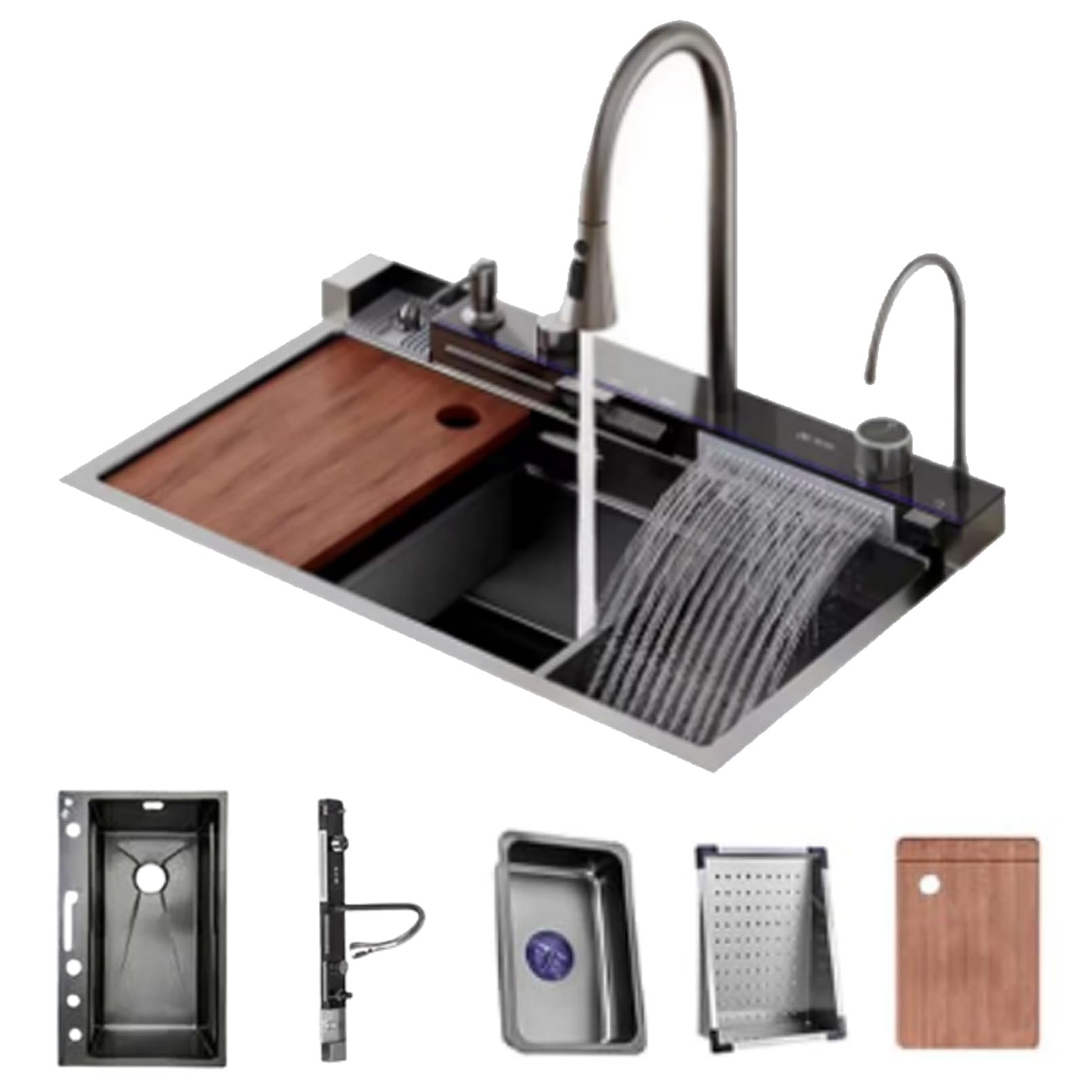 Évier en acier inoxydable multifonction au design épuré avec accessoires intégrés