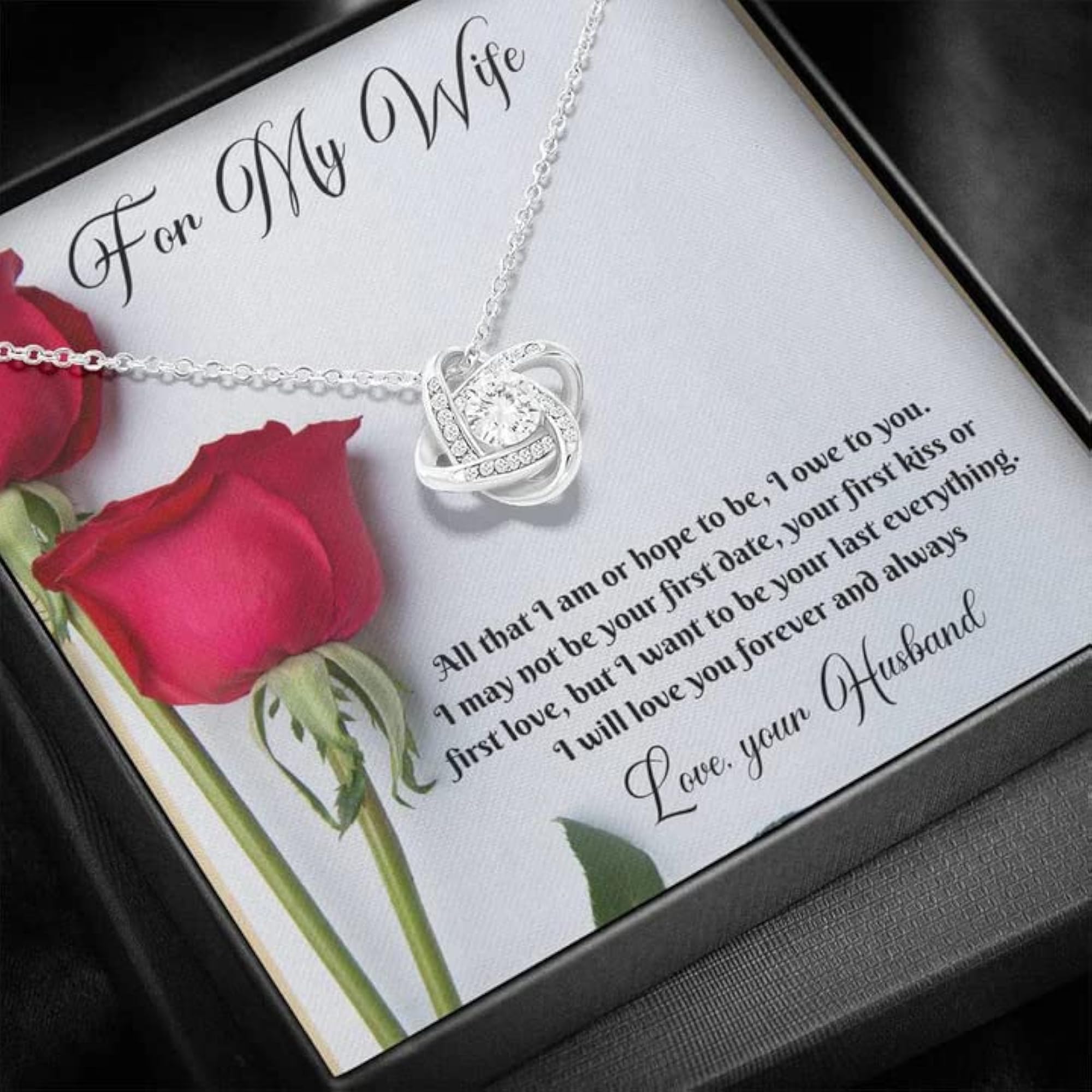 Women's Love Knot Necklace with Red Rose, 925 Sterling Silver