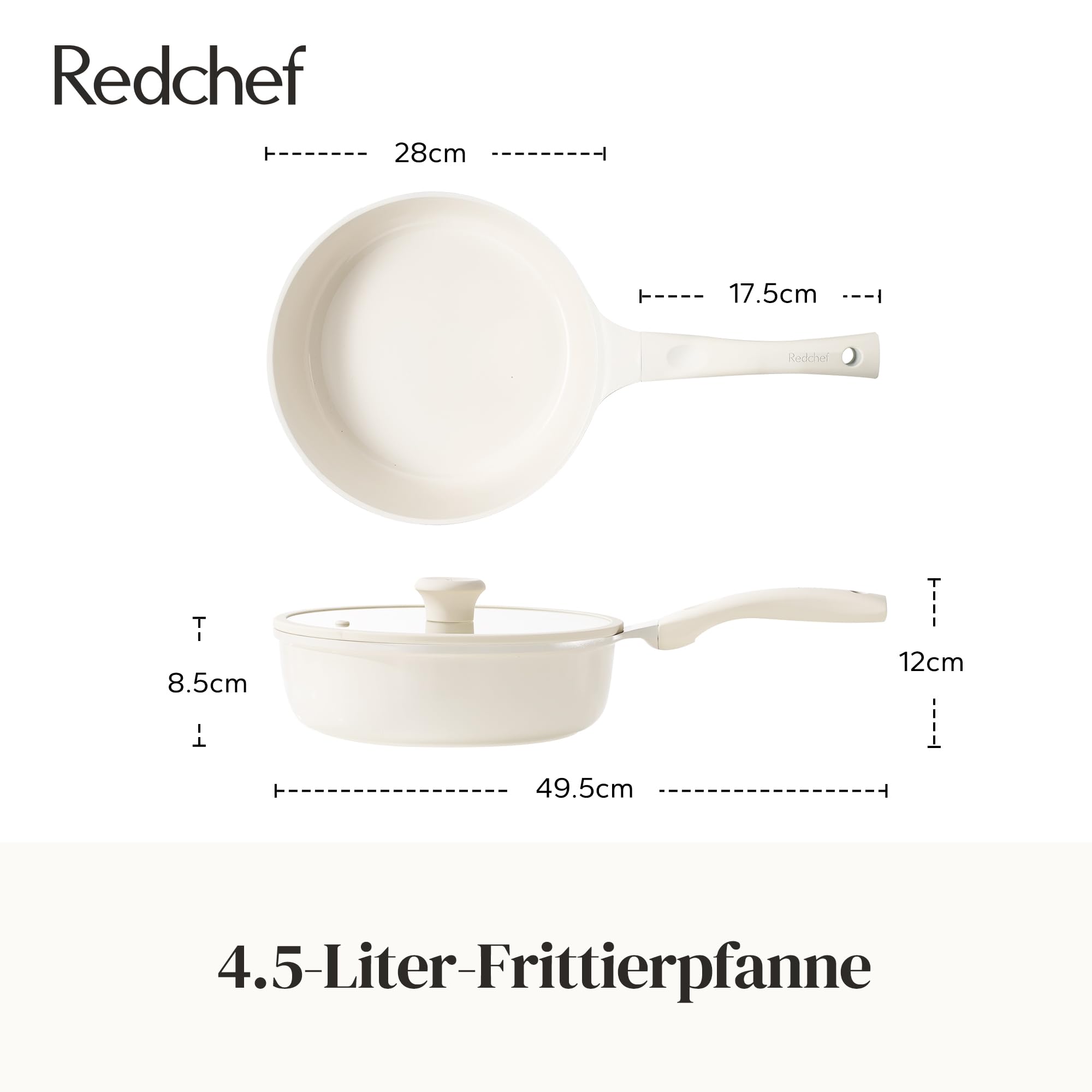Redchef Patelnia 28 cm z pokrywką, ceramiczna patelnia nieprzywierająca do kuchenek indukcyjnych, do omletów, nie zawiera PTFE, PFAS, PFOA