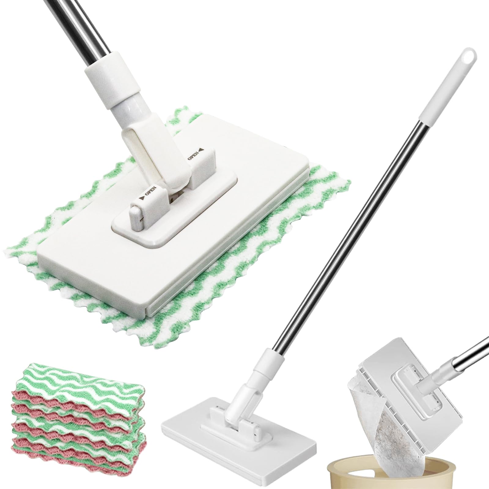 Voidhues White Lazy Mop For Cleaning Floors Mop With Pressure Clamping System Mini Mops No Need To Wash By Hand One-Touch Replacement 10 Dry Sweeping Cloths, Suitable For Kitchens, Walls And Windows