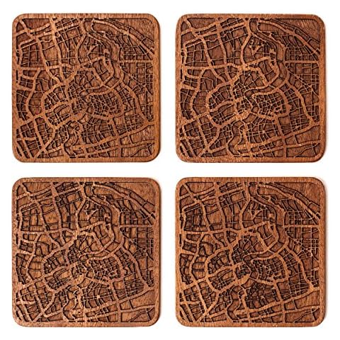 Handmade Sapele Wooden Map Coaster Set Cover