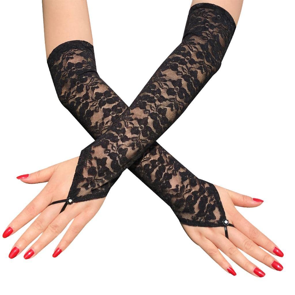 CALANDIS® Women Lace Floral Mesh Gloves Ladies Costume Party Fingerless Long Mittens Black-image-12
