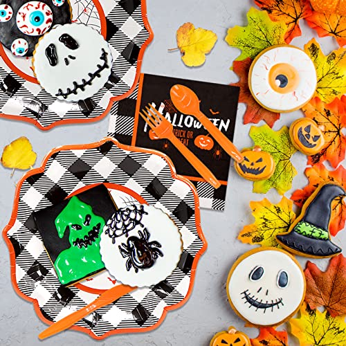 Dylives 144 Pcs Halloween Party Supplies Kit Halloween Party Decorations, Halloween Buffalo Plaid Pumpkin And Bats Party Favors Disposable Tableware Halloween Plates Napkins Cups Cutlery, Serve 24 #TOP2
