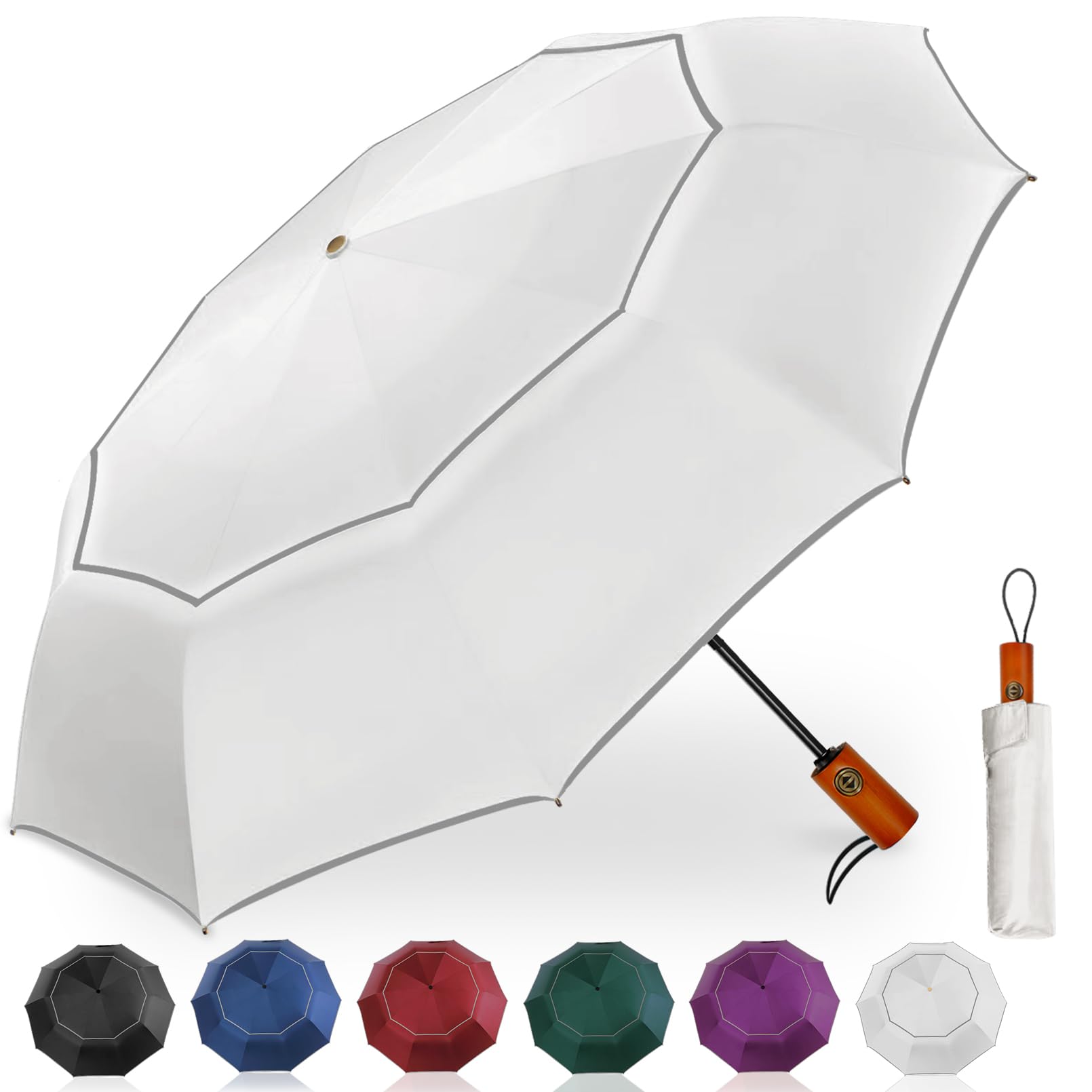 Satol Large Compact Golf Umbrella for Rain, 46Inch Windproof 10 Ribs Double Canopy Vented Automatic Open/Close Travel Umbrella with Reflective Strips, Lightweight UV Protection Umbrellas for Outdoor