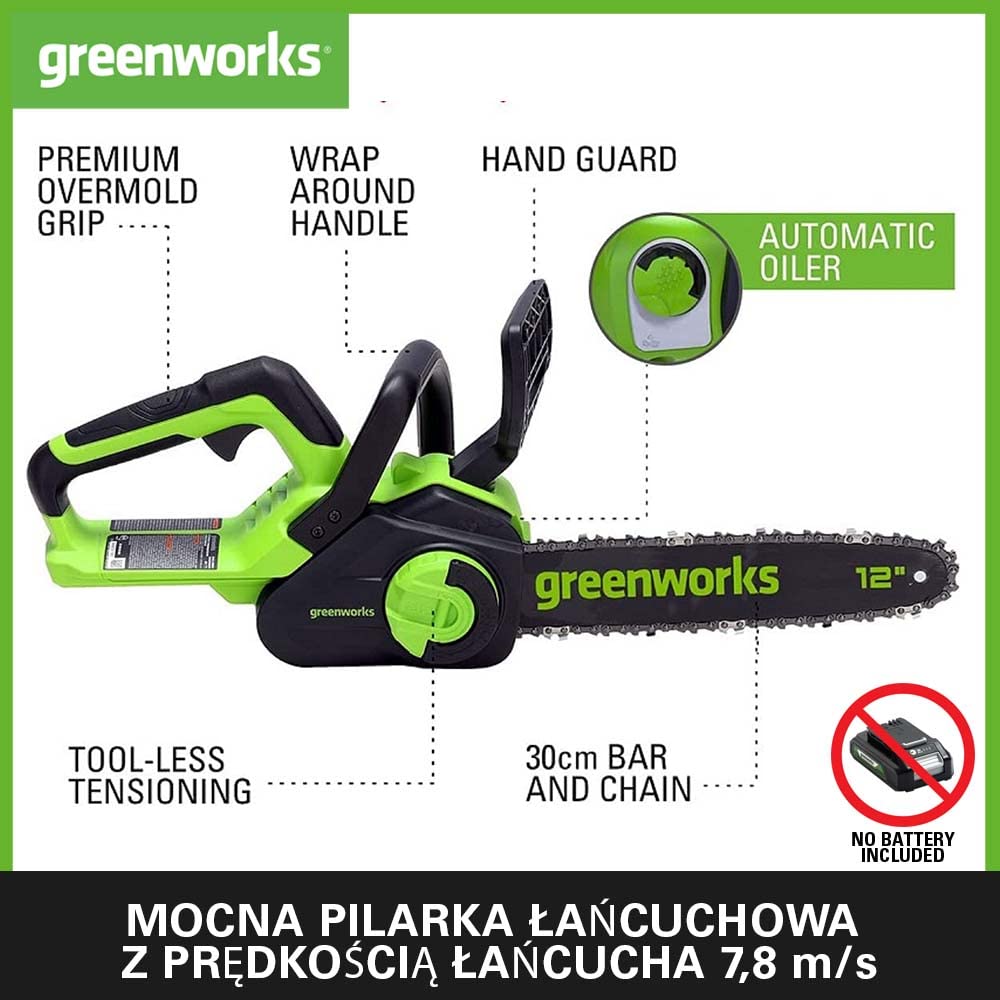 Greenworks GD24CS30 Akumulatorowa pilarka łańcuchowa z silnikiem bezszczotkowym, długość ostrza 30 cm, szybkość cięcia 7,8 m na s, olejarka, ochrona przed odrzutem, bez baterii 24 V i ładowarki