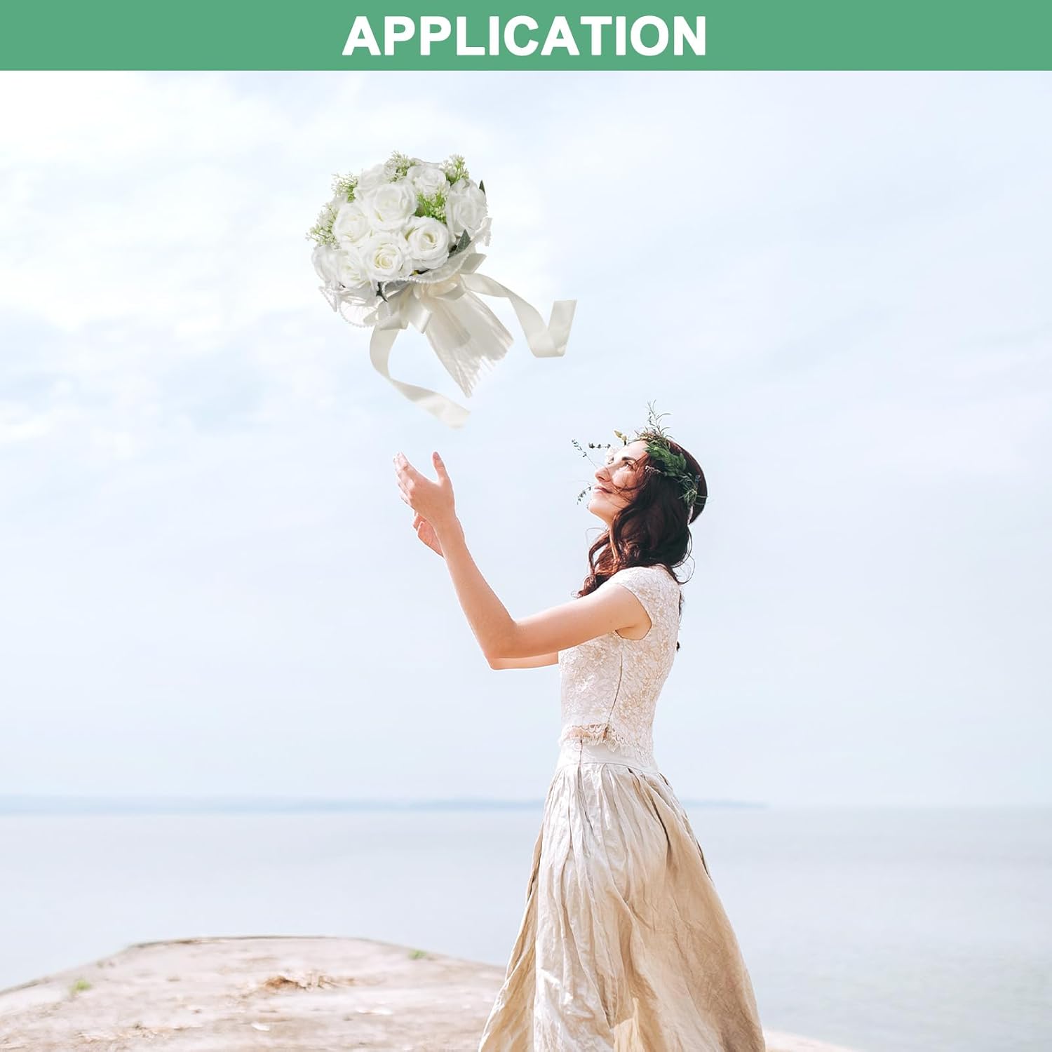 M METERXITY Wedding Bouquets for Bride, Artificial Flower Bouquet for Wedding Bridal Bouquets for Bride/Bridesmaid, Bouquets with Silk Ribbon [White]