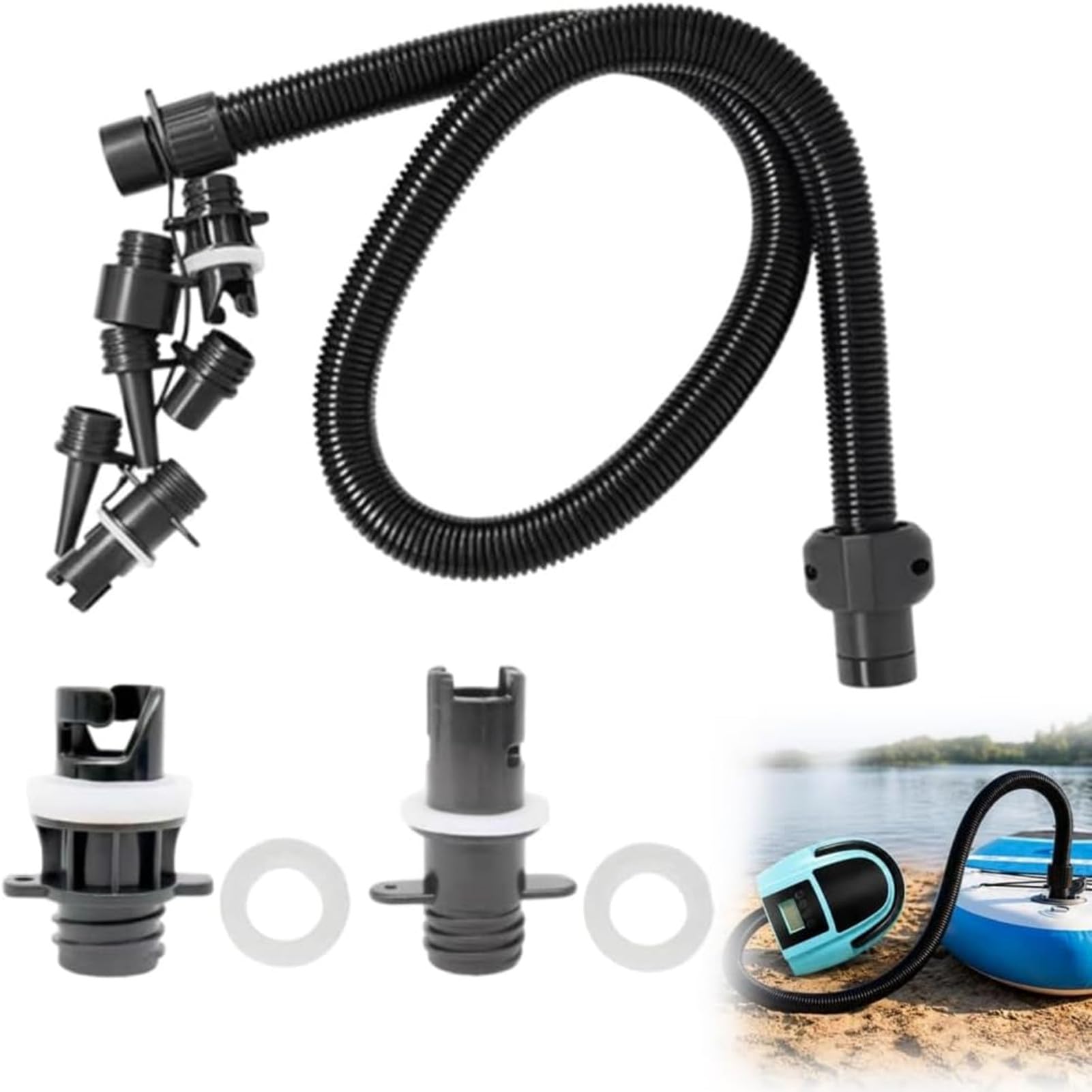 Inflatable Air Hose Nozzle Kit for 20 PSI Pumps, Air Pump Inflatable Tube Hand Pump Hose Replacement Kit 1M Connector With 6 Different Size Nozzles For Kayak Paddle Board Boat