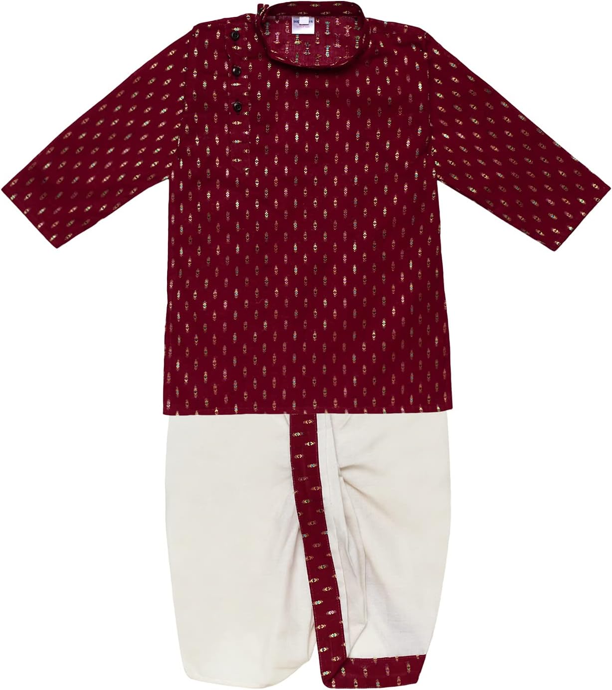 Boy's Cotton Kurta with Dhoti - Golden Thread Work, Side Button Kurta Set for Ethnic Wear