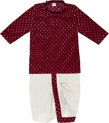 superminis Boy’s Cotton Kurta with Dhoti – Golden Thread Work, Solid Round Collar, Full Sleeves, Side Button Kurta Set for Ethnic Wear