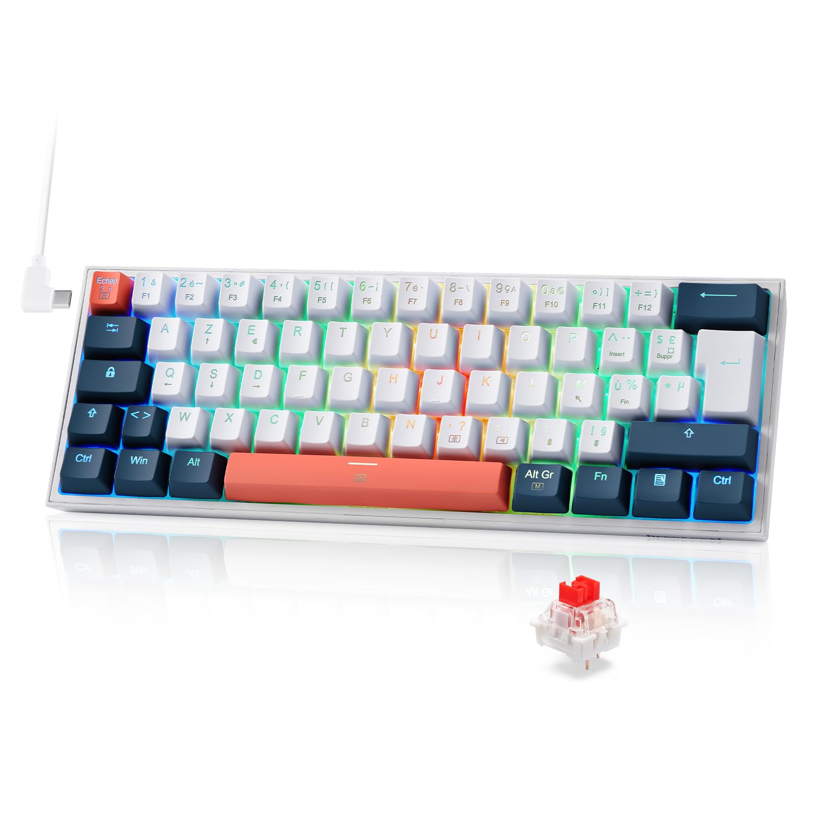 Redragon K617 Clavier de Jeu RVB Filaire 60%, AZERTY Clavier mécanique Compact 61 Touches, commutateur Rouge linéaire, Prise en Charge des Pilotes Pro, FR Layout