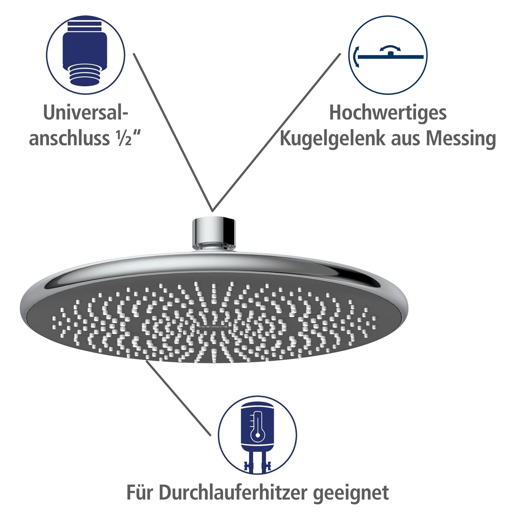 WENKO Wasserspar Regenduschkopf Watersaving, Kopfbrause mit Wasserspar-System, ABS, Chrom/Grau, rund, Ø 22,5 cm