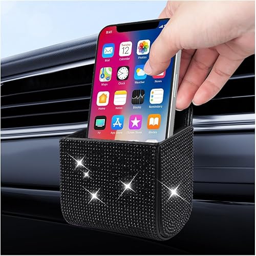 Miniatura 8 de Organizador de almacenamiento de ventilación de automóvil, bolsillo de cuero con diamantes de imitación, accesorios de automóvil brillantes para